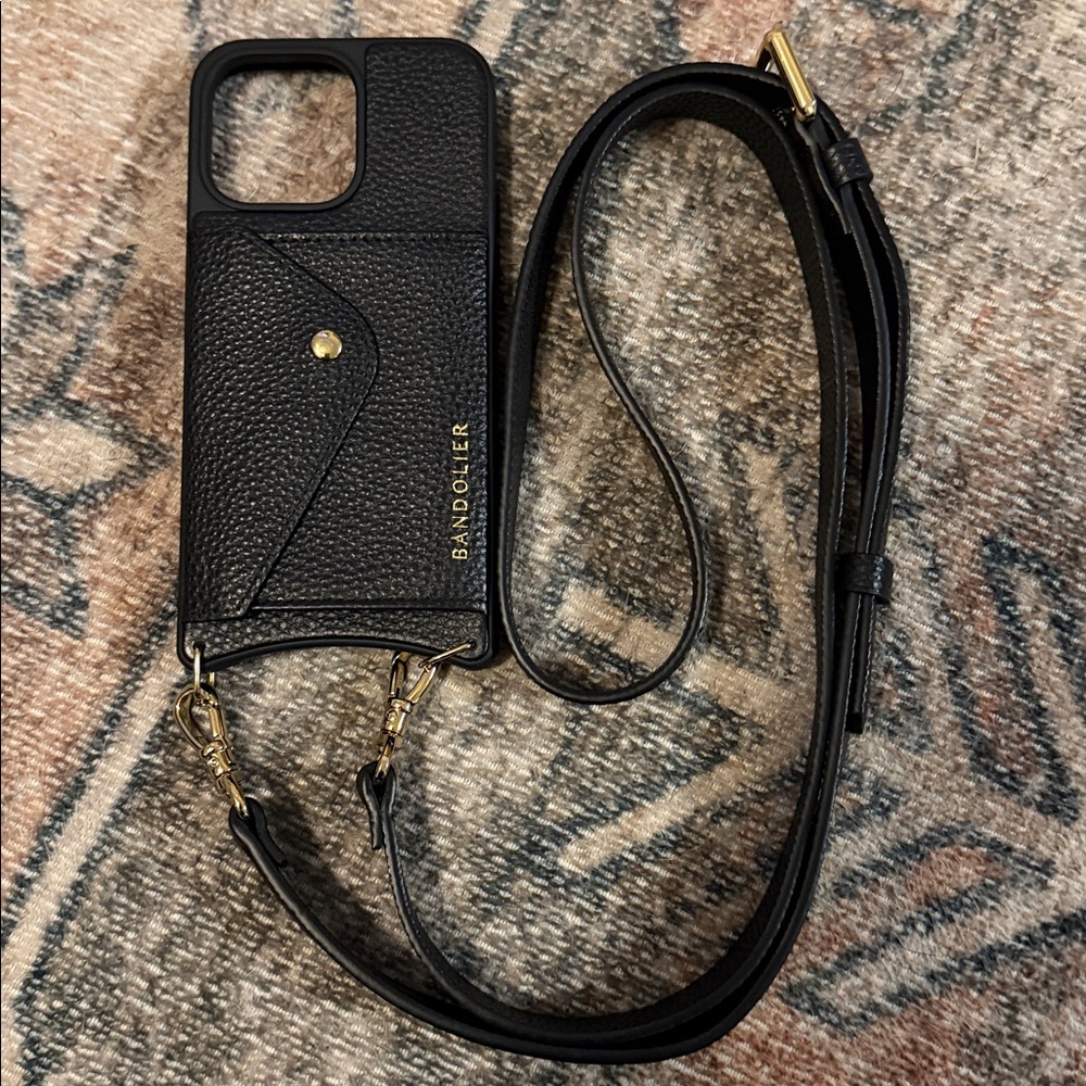 Bandolier Black Leather iPhone 14 Pro Max Case w/ strap